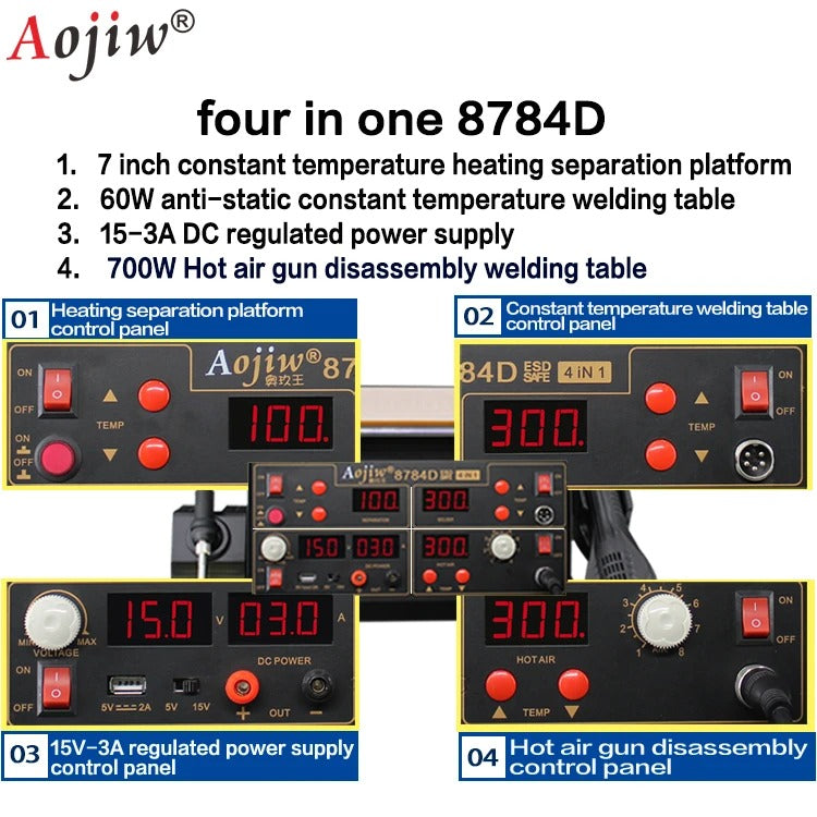 Aojiw 8784D – Station de soudure 4-en-1 avec air chaud et alimentation DC – Réparation électronique Tunisie - Hexa Power