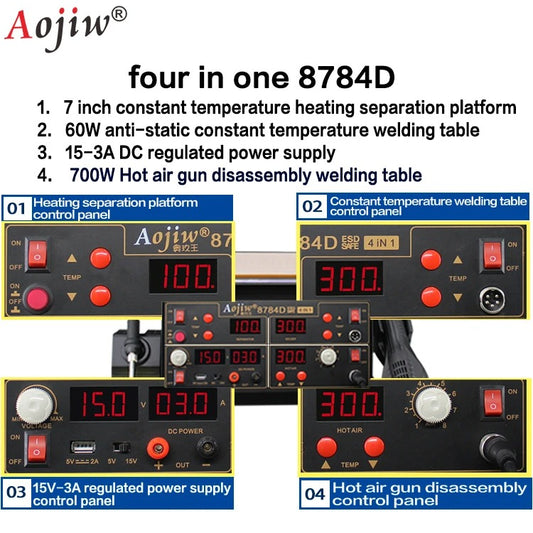 Aojiw 8784D – Station de soudure 4-en-1 avec air chaud et alimentation DC – Réparation électronique Tunisie - Hexa Power