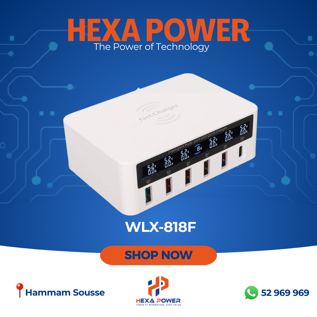 WLX-818F – Chargeur Sans Fil 6-en-1 10W QC3.0 | Station Wireless Multi-Appareils