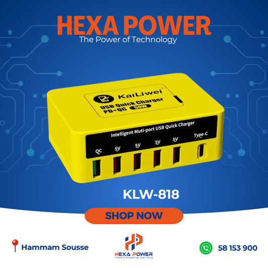 Chargeur Universel Kailiwei  KLW-818 – 50W, 6 Ports USB + Type-C + QC3.0 - Hexa Power