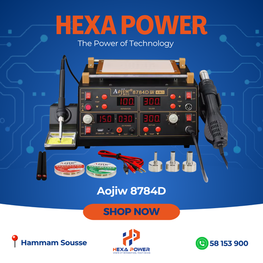 Aojiw 8784D – Station de soudure 4-en-1 avec air chaud et alimentation DC – Réparation électronique Tunisie - Hexa Power