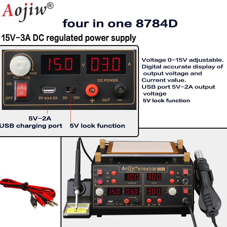 Aojiw 8784D – Station de soudure 4-en-1 avec air chaud et alimentation DC – Réparation électronique Tunisie - Hexa Power
