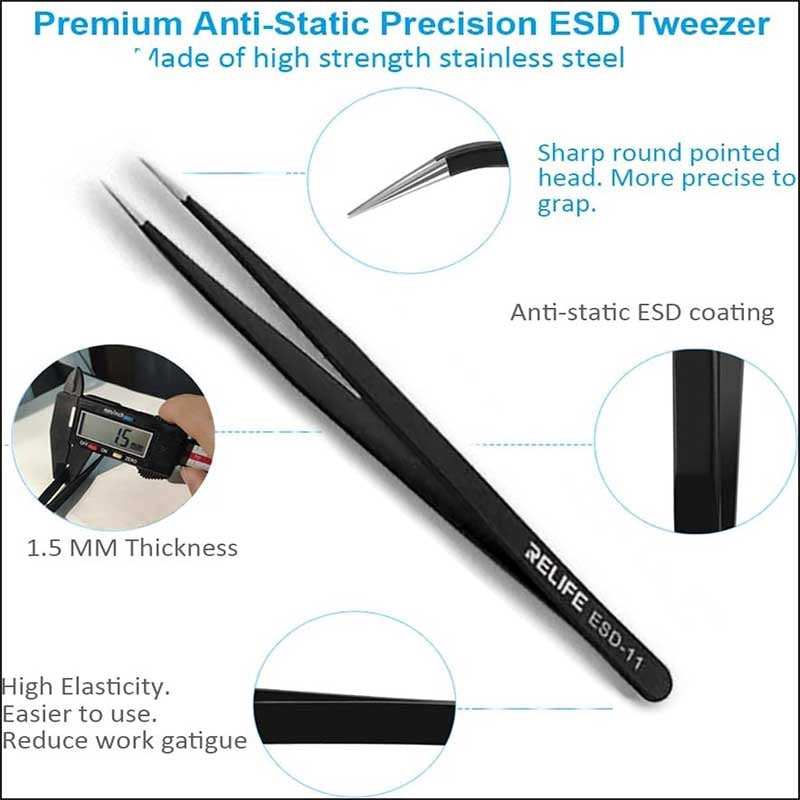 RELIFE Black anti-static Tweezers ESD-11 - Hexa Power