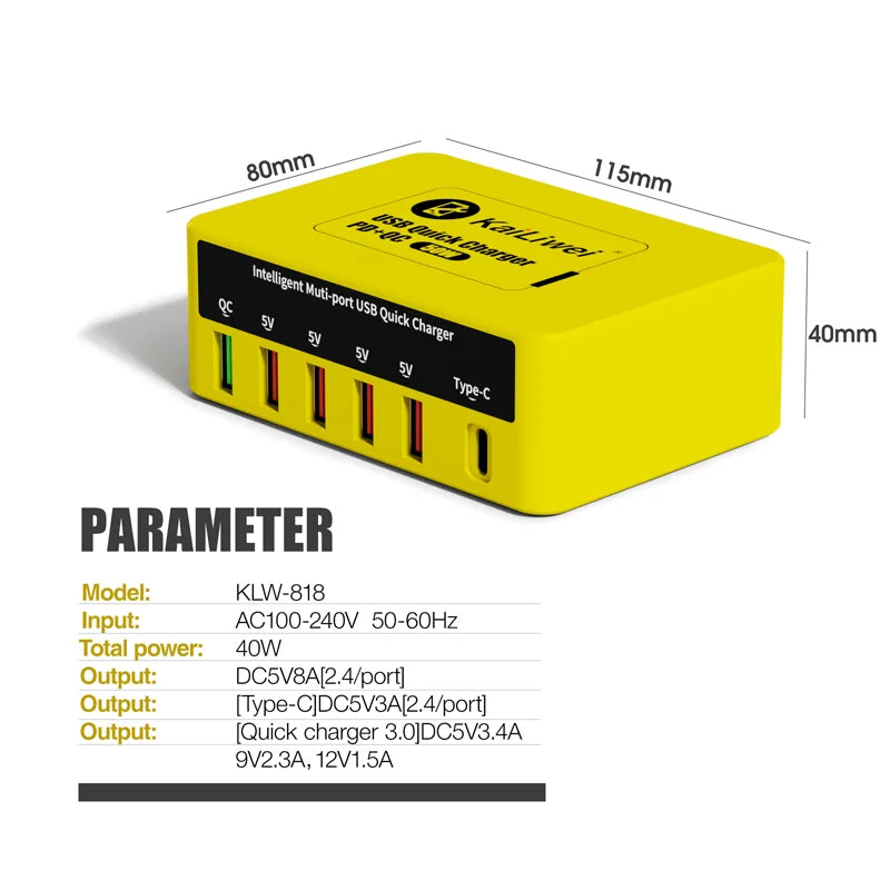 Chargeur Universel Kailiwei  KLW-818 – 50W, 6 Ports USB + Type-C + QC3.0 - Hexa Power